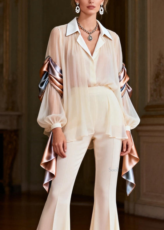 Chic Peter Pan Collar Patchwork Silk Two Pieces Set Spring