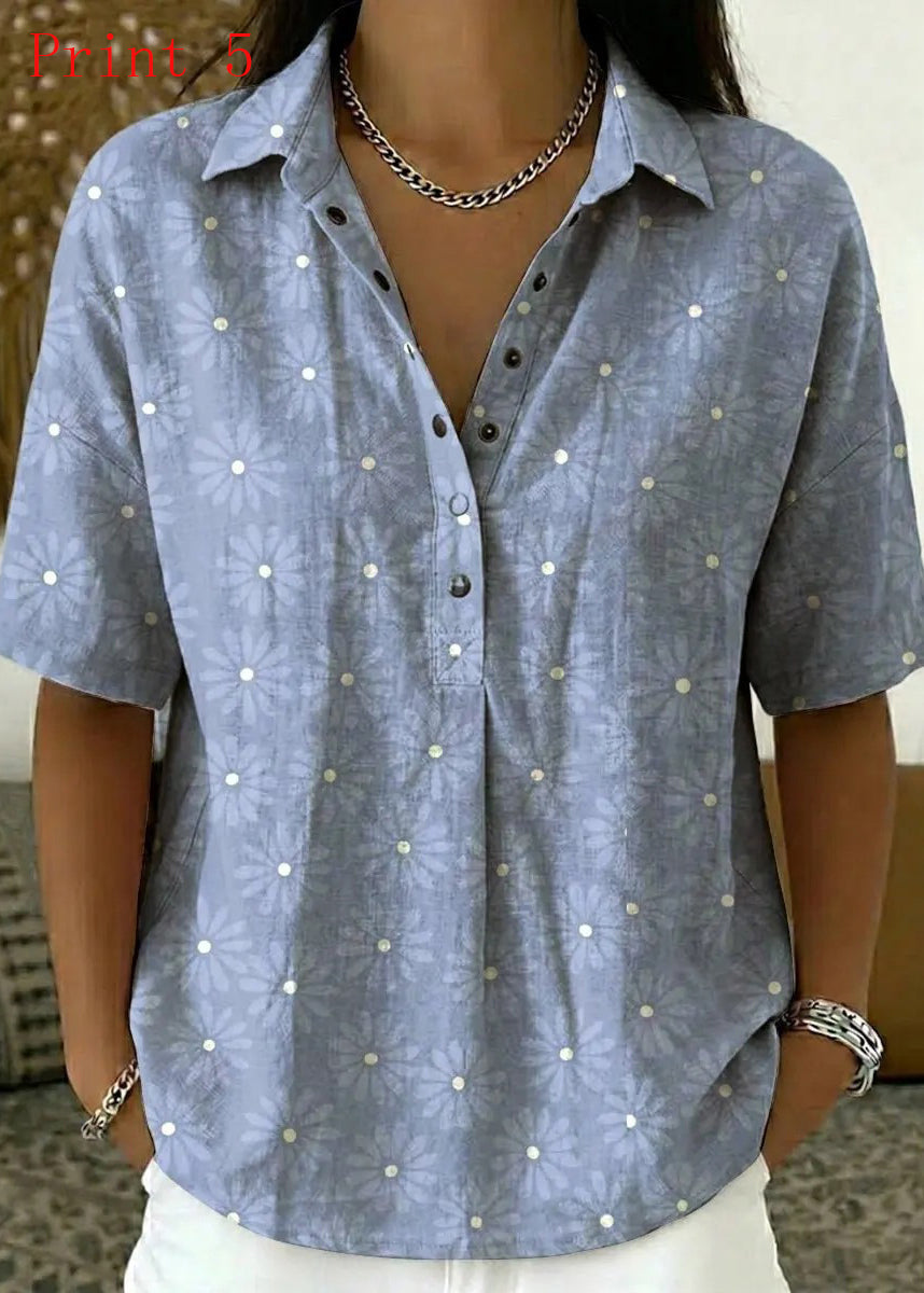 Chic Peter Pan Collar Print Cotton Shirts Summer