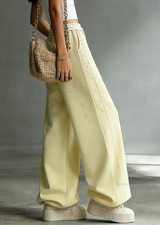 Chic Yellow Drawstring Pockets Patchwork Rivet Lantern Pants Spring