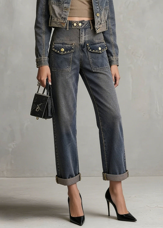 Chic Blue Rivet Pockets Denim Two Piece Set Women Clothing Spring