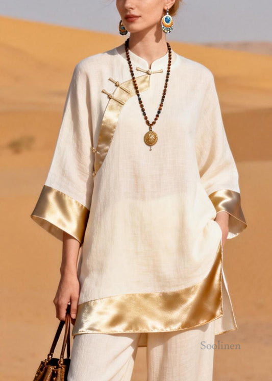 Chinese Style Beige Side Open Silk Patchwork Two Pieces Set Stand Collar Bracelet Sleeve