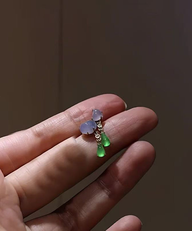 Chinese Style Green Sterling Silver Overgild Jade Tassel Drop Earrings