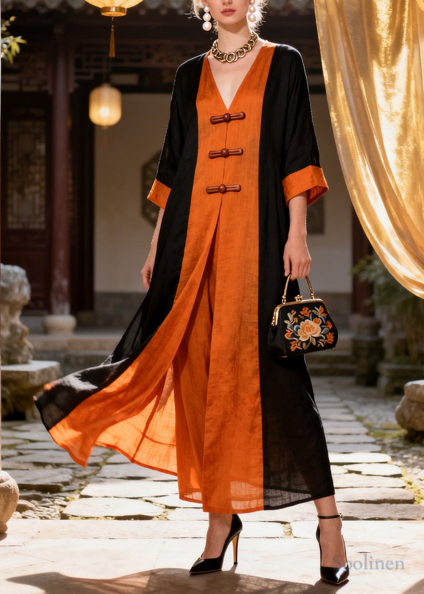 Chinese Style Orange Patchwork Chinese Button Cotton Dress Summer