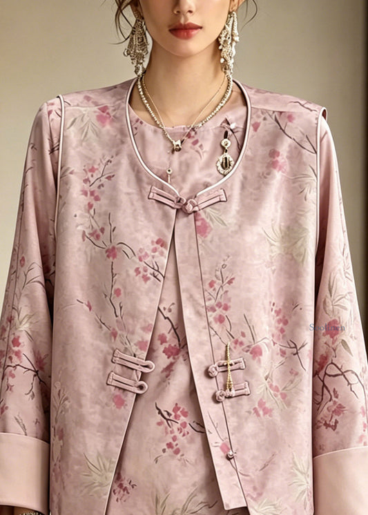Chinese Style Pink Print Waistcoat And Shirt Two Pieces Set Long Sleeve