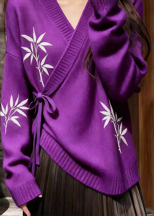 Chinese Style Purple Tie Waist Thick Print Cotton Knit Sweater Tops Fall