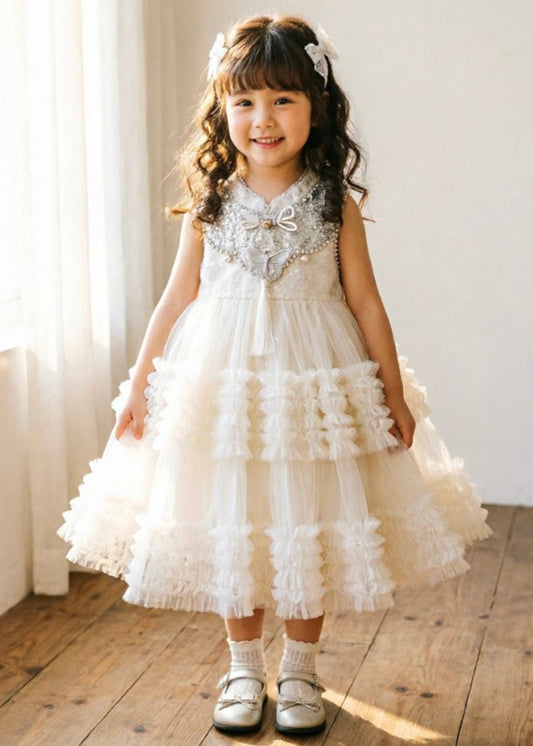 Chinese Style White Sequins Tulle Kids Girls Dress Summer