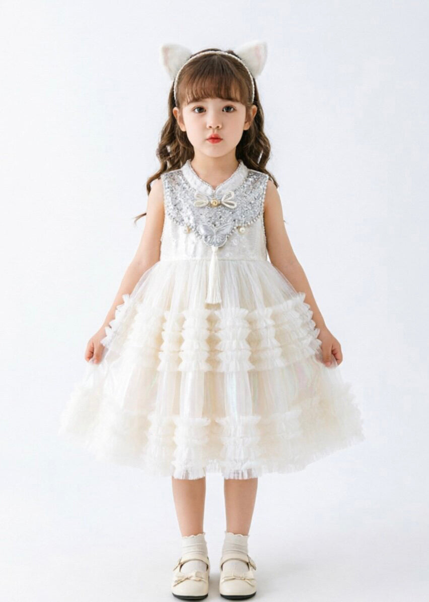 Chinese Style White Sequins Tulle Kids Girls Dress Summer