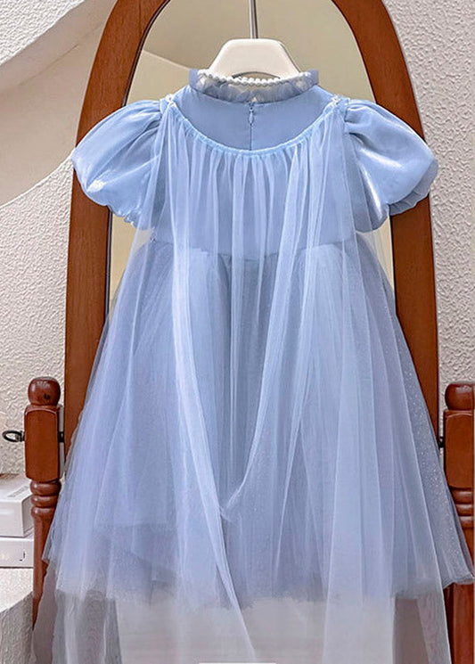 Classy Blue Stand Collar Patchwork Tulle Kids Long Dresses Short Sleeve
