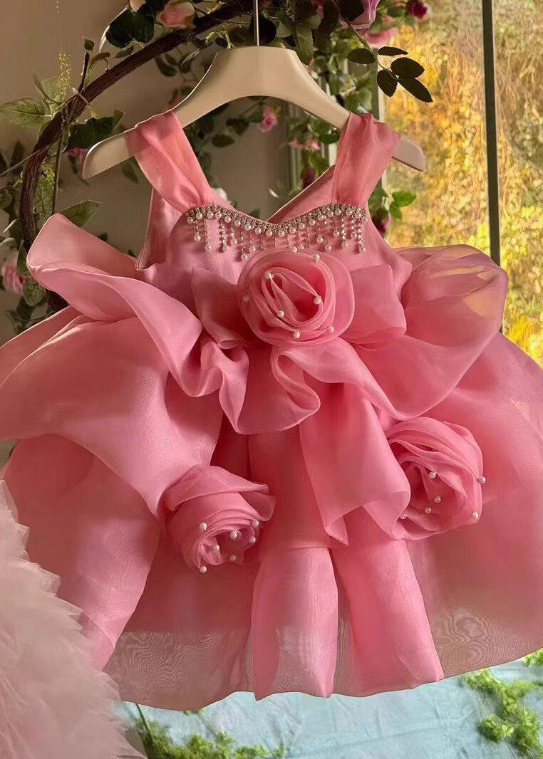 Classy Pink Rose Pearl Tassel Tulle Girls Mid Spaghetti Strap Dress Summer