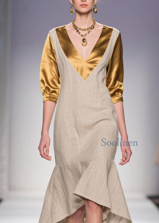 Classy V Neck Asymmetrical Patchwork Linen Silk Dress Summer