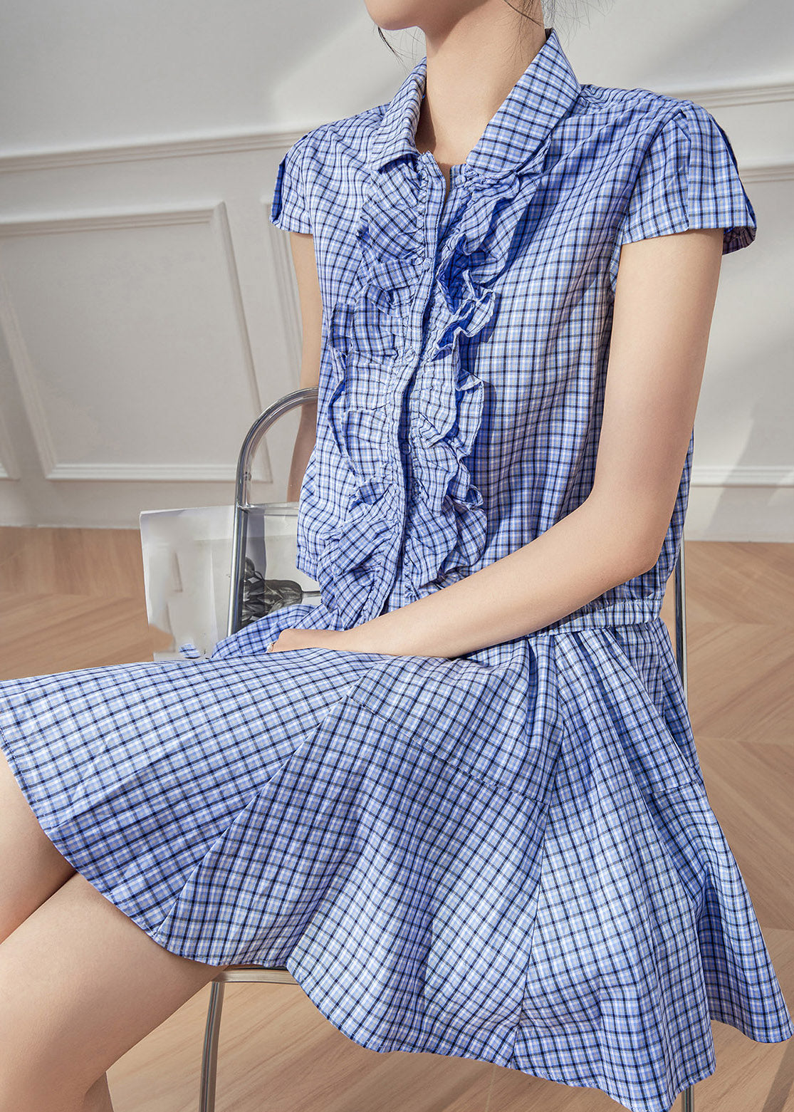 Cute Blue Plaid Peter Pan Collar Shirt And Skirts Two Piece Set Summer