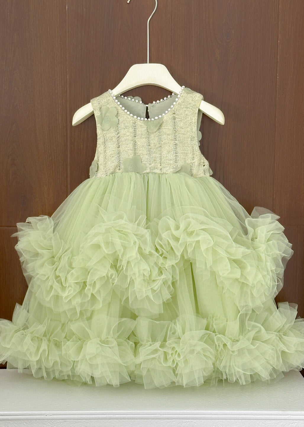 Cute Green Flower Patchwork Tulle Baby Girls Vacation Dresses Summer