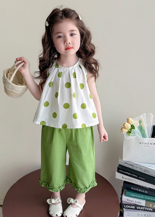 Cute Green Ruffled Print Bow Cotton Baby Girls Two Pieces Set Summer