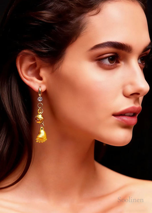 Cute Little Feet 14K Gold Long Drop Earrings