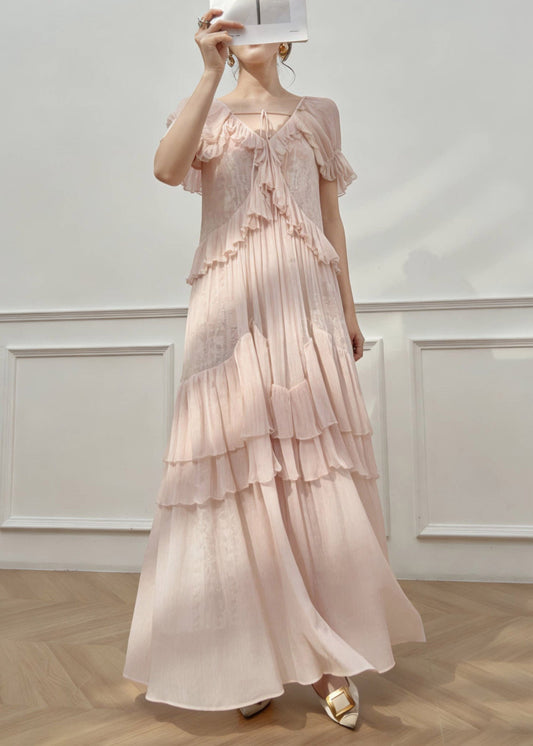 Cute Pink V Neck Ruffled Patchwork Long Dress Short Sleeve