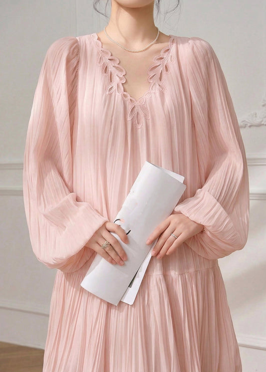 Cute Pink V Neck Solid Mid Dress Spring