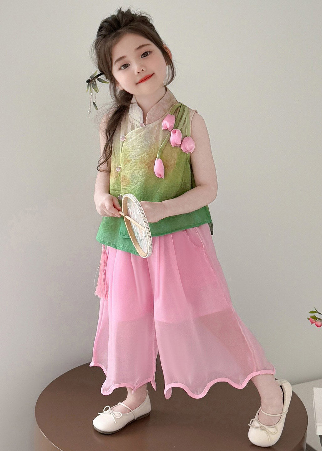 Cute Print Stand Collar Tulip Kids Top And Wide Leg Pants Two Piece Set Summer