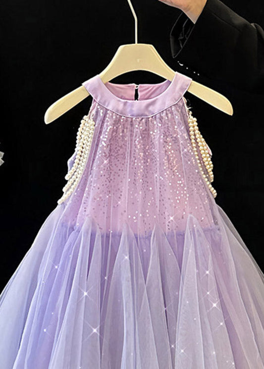 Cute Purple O-Neck Sequins Tulle Girls Long Dress Summer