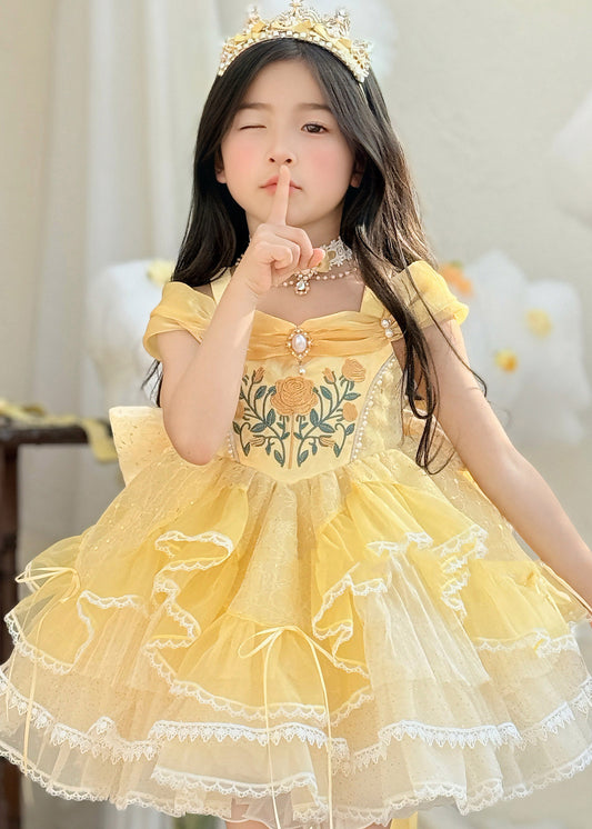 Cute Yellow Print Nail Bead Tulle Kids Maxi Dresses Summer