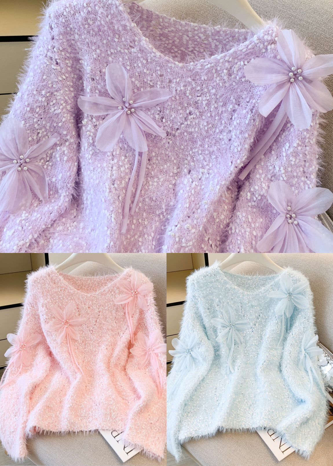 DIY Purple Oversized Floral Faux Mink Hair Knitted Pullover Winter