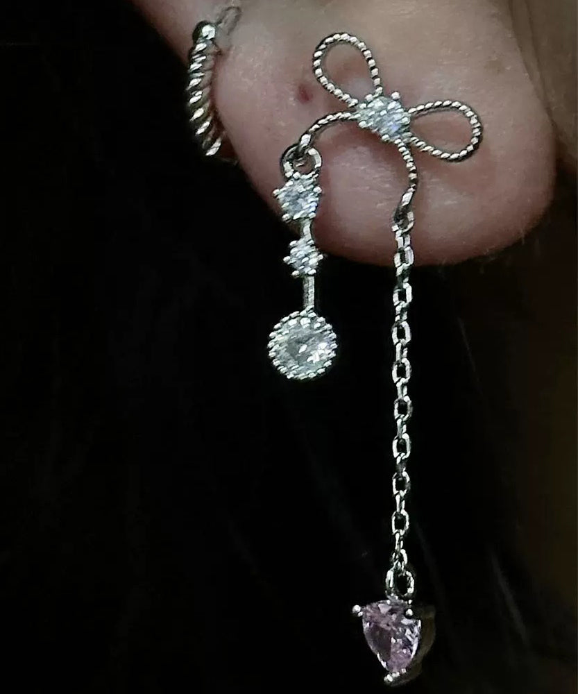 DIY Silk Copper Zircon Love Bow Tassel Single Drop Earrings
