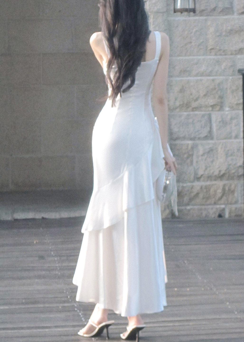 Dinner White Square Collar Asymmetrical Satin Long Spaghetti Strap Dresses Sleeveless