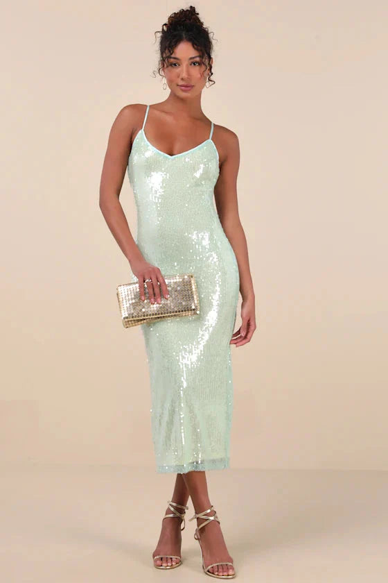 Cahya Mint Green Sequin Tie-Back Midi Dress