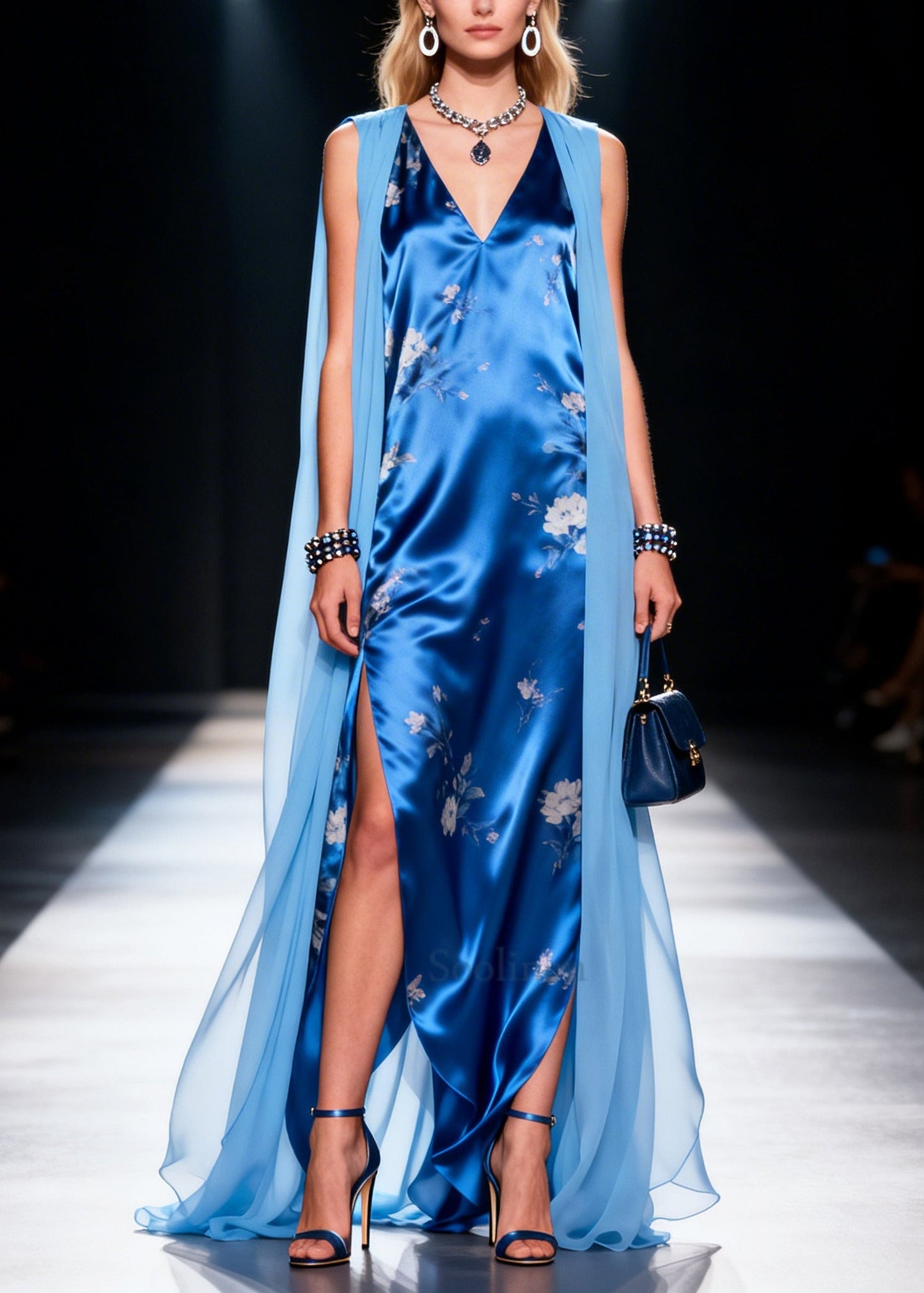 Elegant Blue Patchwork Silk Maxi Dress Side Open Sleeveless