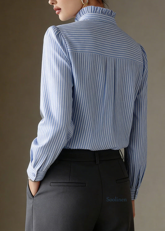 Elegant Blue Ruffled Striped Cotton Shirt Tops Spring