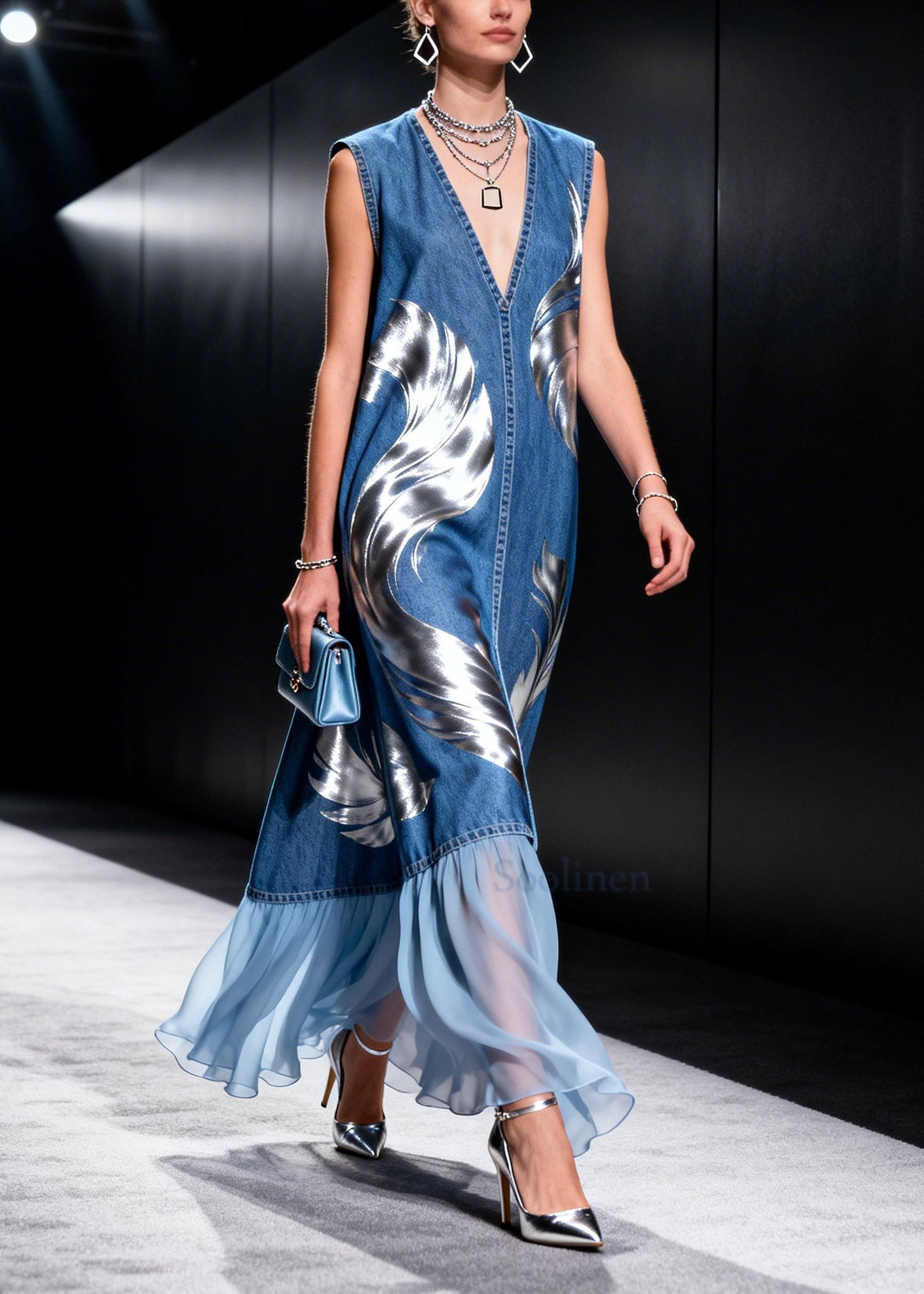 Elegant Blue V Neck Patchwork Print Denim Holiday Dresses Sleeveless