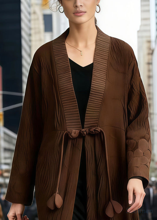 Elegant Brown Tasseled Chinese Button Cotton Trench Spring