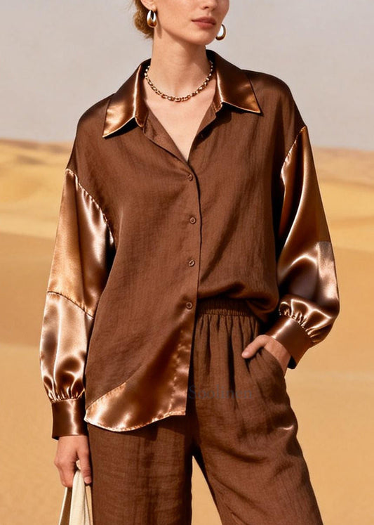 Elegant Chocolate Asymmetrical Patchwork Linen Two Piece Suit Set Spring