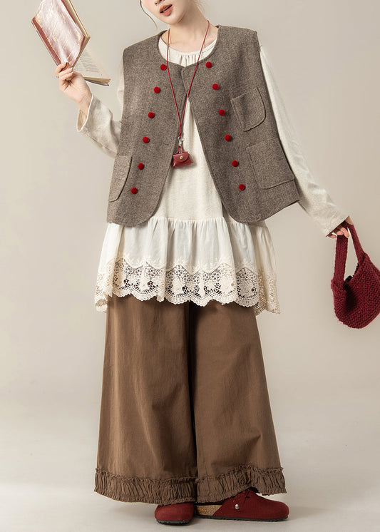 Elegant Coffee Pockets Woolen Waistcoat And Ruffled Pants Hollow Out T Shirt Cotton Three Pieces Set Spring