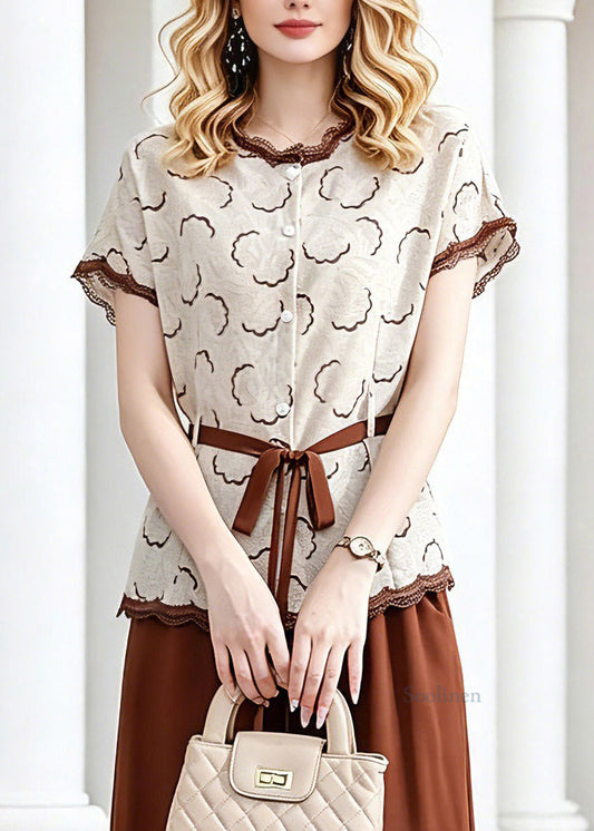 Elegant Coffee Tie Waist Chiffon Tops And Crop Pants Two Piece Set Short Sleeve