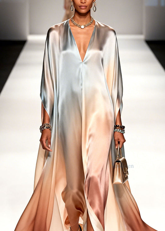 Elegant Gradient color V Neck Chiffon Ankle Dress Summer