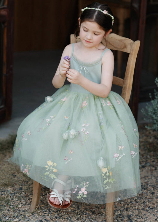 Elegant Green Embroideried Patchwork Tulle Kids Long Spaghetti Strap Dress Sleeveless