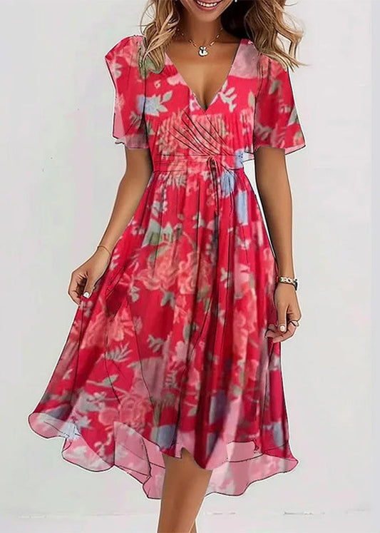 Elegant Green V Neck Print Chiffon Vacation Dresses Summer
