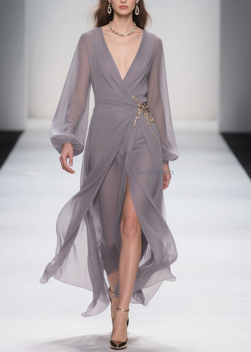 Elegant Grey Lace Up Front Open Chiffon Long Dress Spring