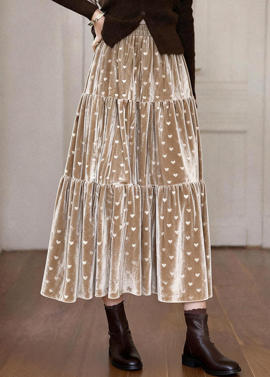 Elegant Khaki Love Print Patchwork Silk Velvet Skirts Spring