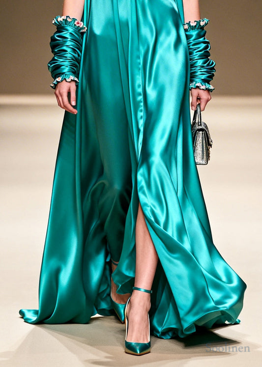 Elegant Lake Green V Neck Floral Silk Long Dresses Summer
