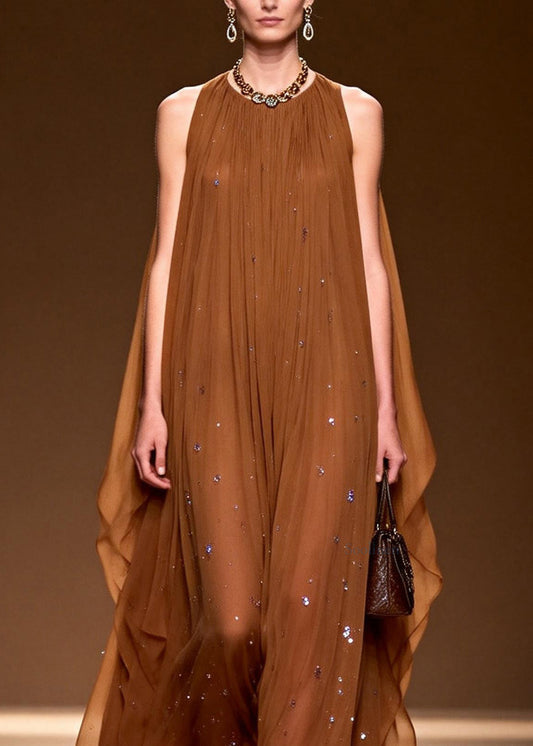 Elegant O Neck Zircon Chiffon Long Dress Sleeveless