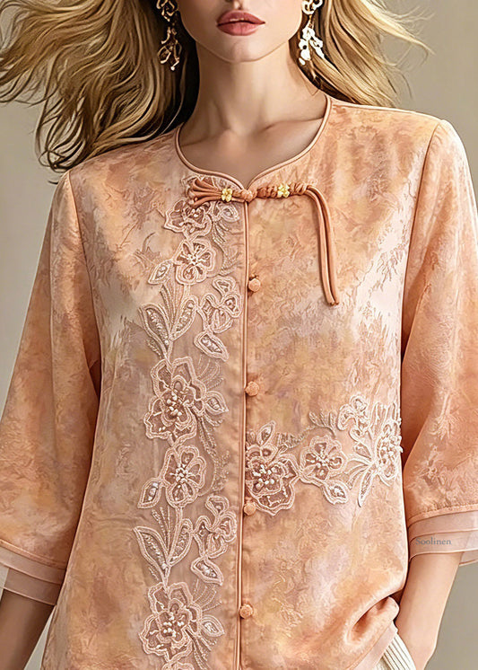 Elegant Orange Embroidered Patchwork Button Shirts Spring