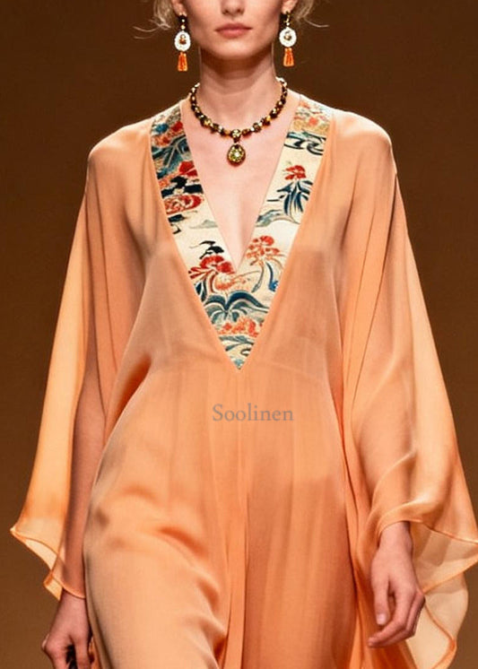 Elegant Orange V Neck Patchwork Chiffon Long Dress Summer