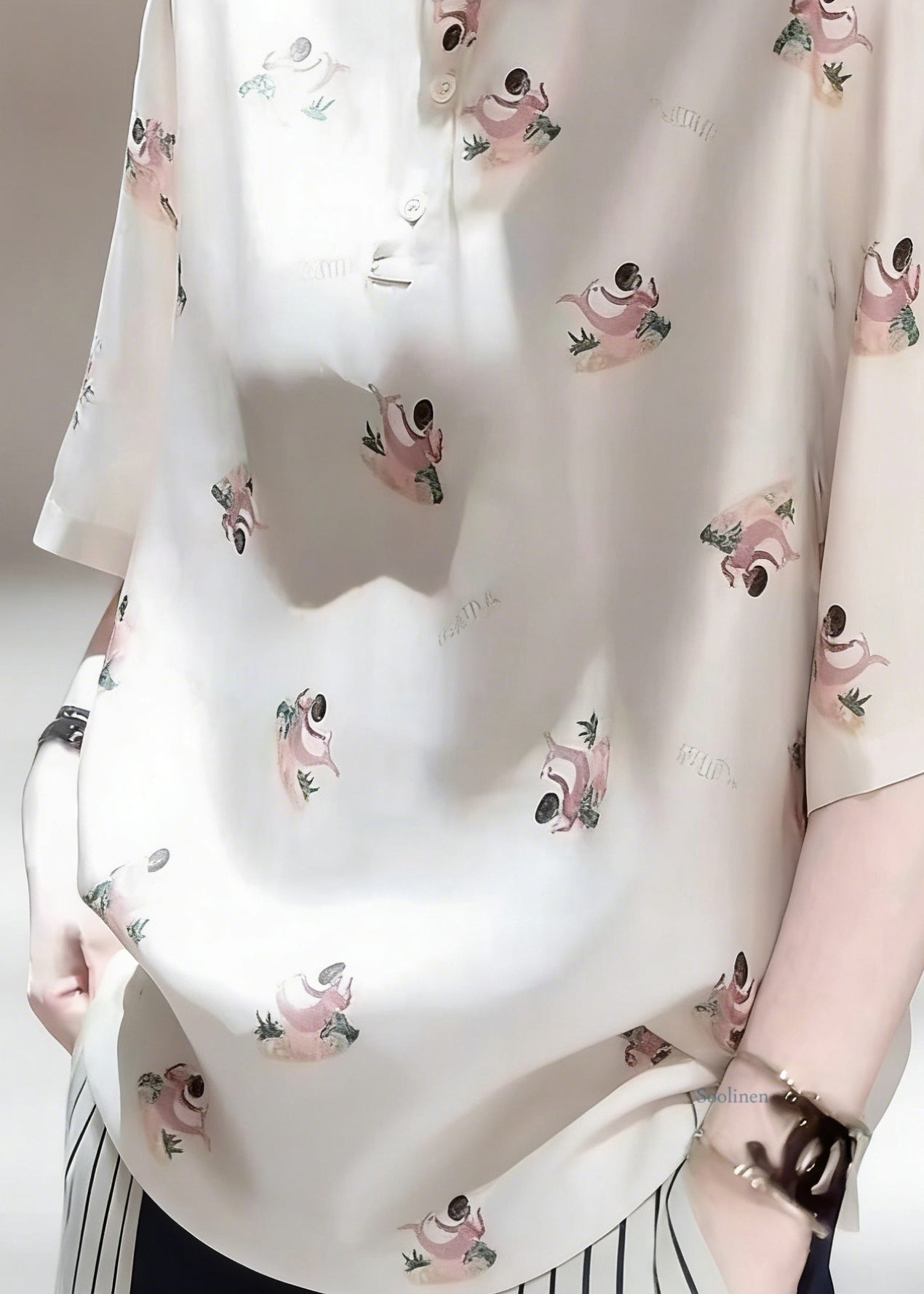 Elegant Peter Pan Collar Print Patchwork Silk Shirts Half Sleeve