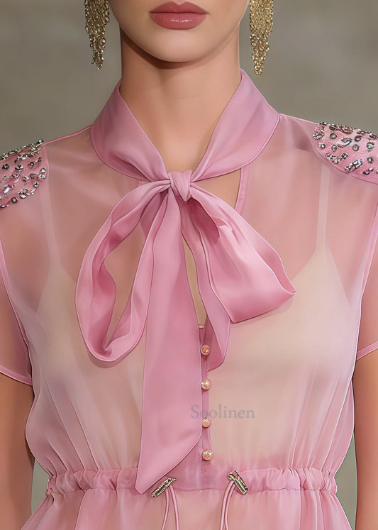 Elegant Pink Puff Sleeve Drawstring Zircon Shirt Tops