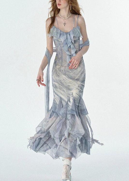 Elegant Print Ruffled Chiffon Long Spaghetti Strap Dresses Summer