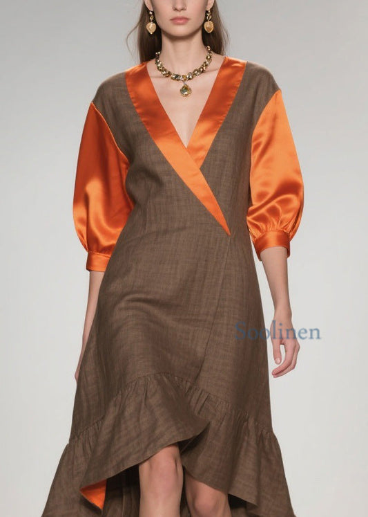 Elegant V Neck Ruffled Silk Patchwork Cotton Dresses Summer
