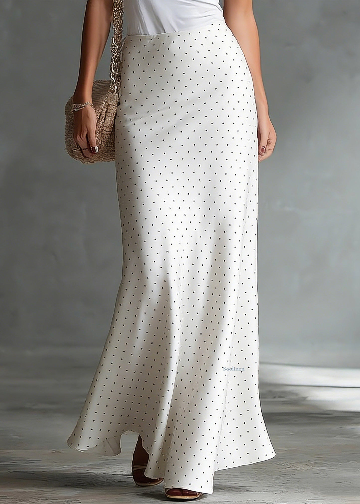 Elegant White High Waist Dot Satin A Line Skirts Summer