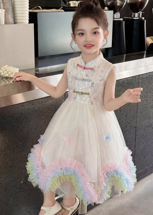 Elegant White Stand Collar Patchwork Tulle Kids Maxi Dresses Sleeveless