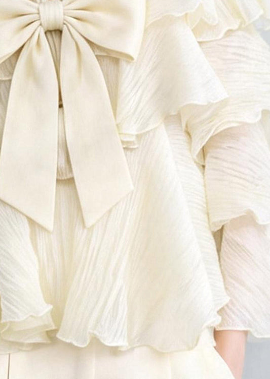 Elegant White Tie Lace Bow Ruffled Patchwork Top Spring